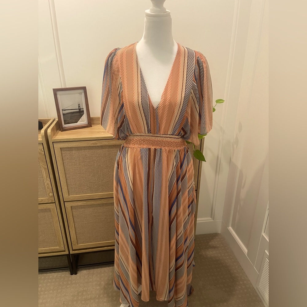 MELLODAY Orange Tan Wrap Midi Dress with Flutter Sleeves